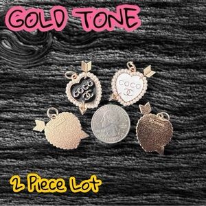 Lot of 2 CC Gold Tone Heart Zipper Pull Button Charms 25mm x 28mm